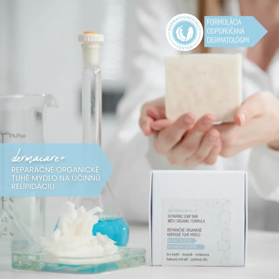 Soaphoria - DERMACARE+ Reparačné organické tuhé mydlo na účinnú relipidáciu (starý názov: mydlo na Psoriázu, ekzém a problematickú pokožku)