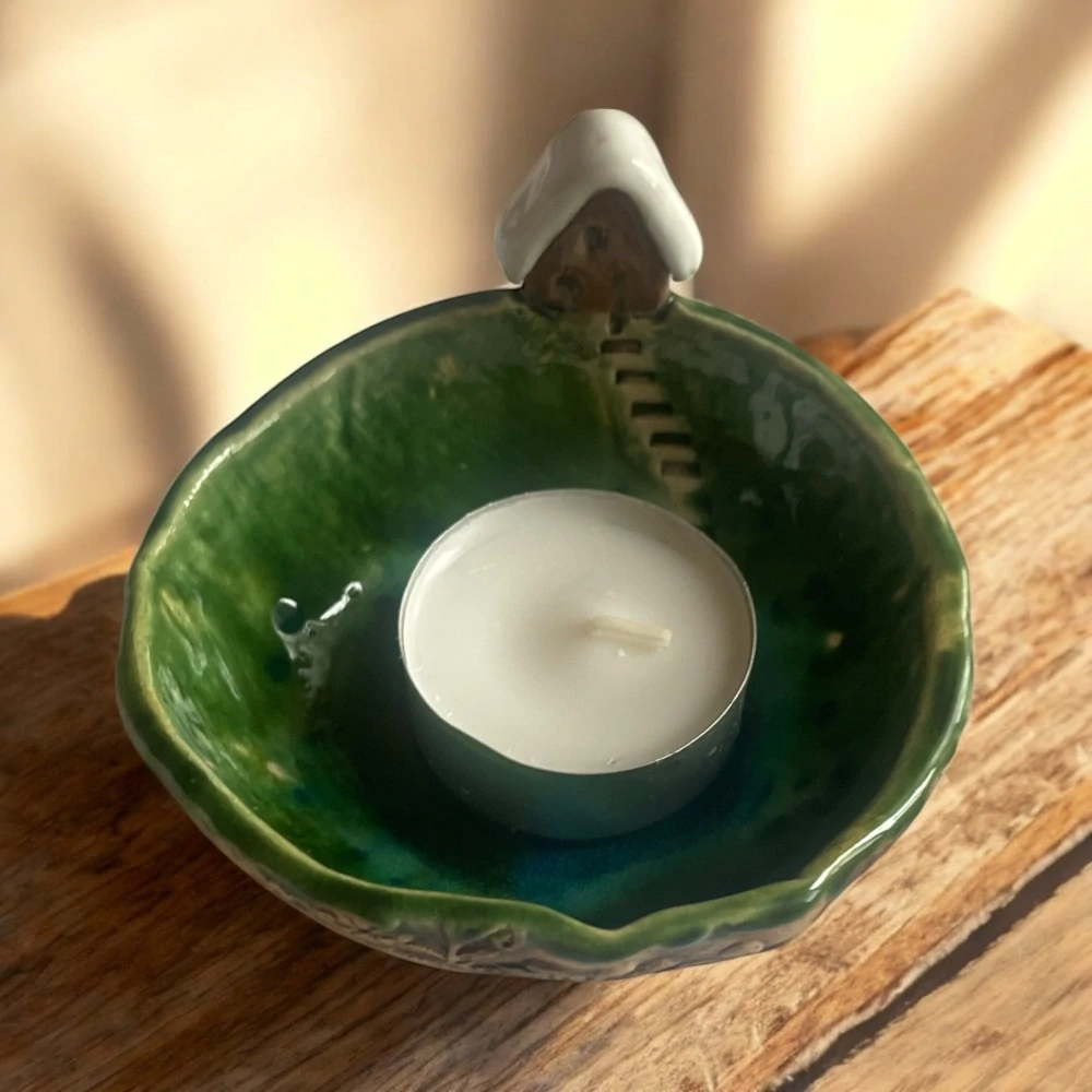 Hand - made - Keramický svietnik Zelené jazierko pri chalúpke