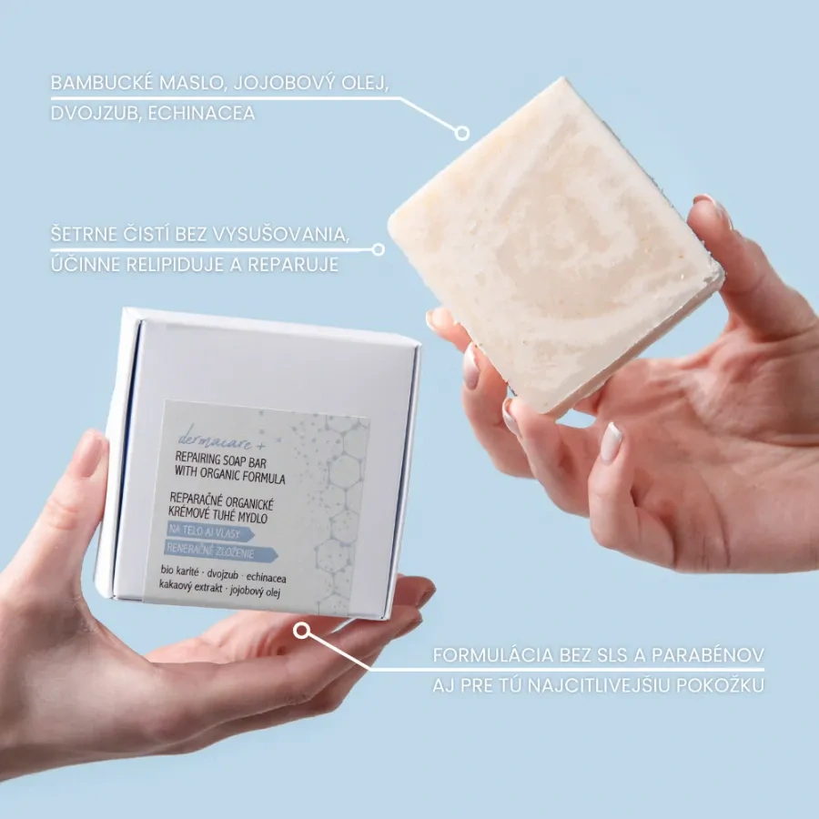 Soaphoria - DERMACARE+ Reparačné organické tuhé mydlo na účinnú relipidáciu (starý názov: mydlo na Psoriázu, ekzém a problematickú pokožku)