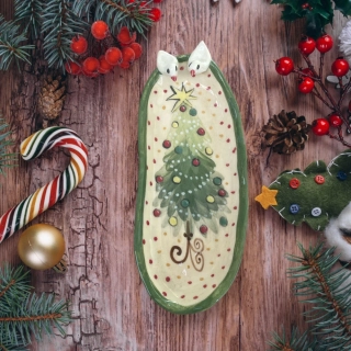 Hand - made - Keramická tácka „Vianočný stromček a dvaja vtáčikovia“
